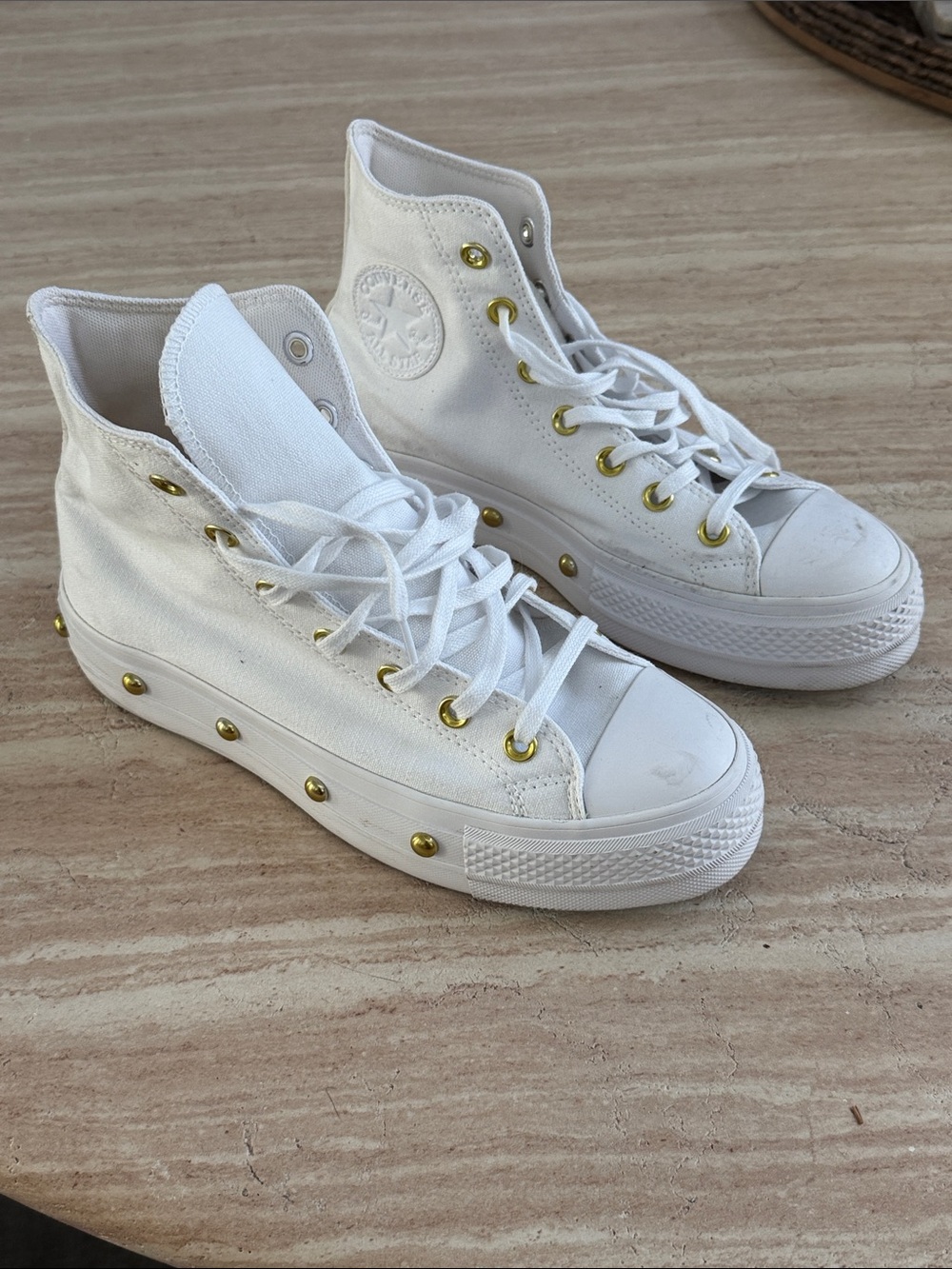 Converse Women’s White High-Top Canvas Sneakers with Gold Studs